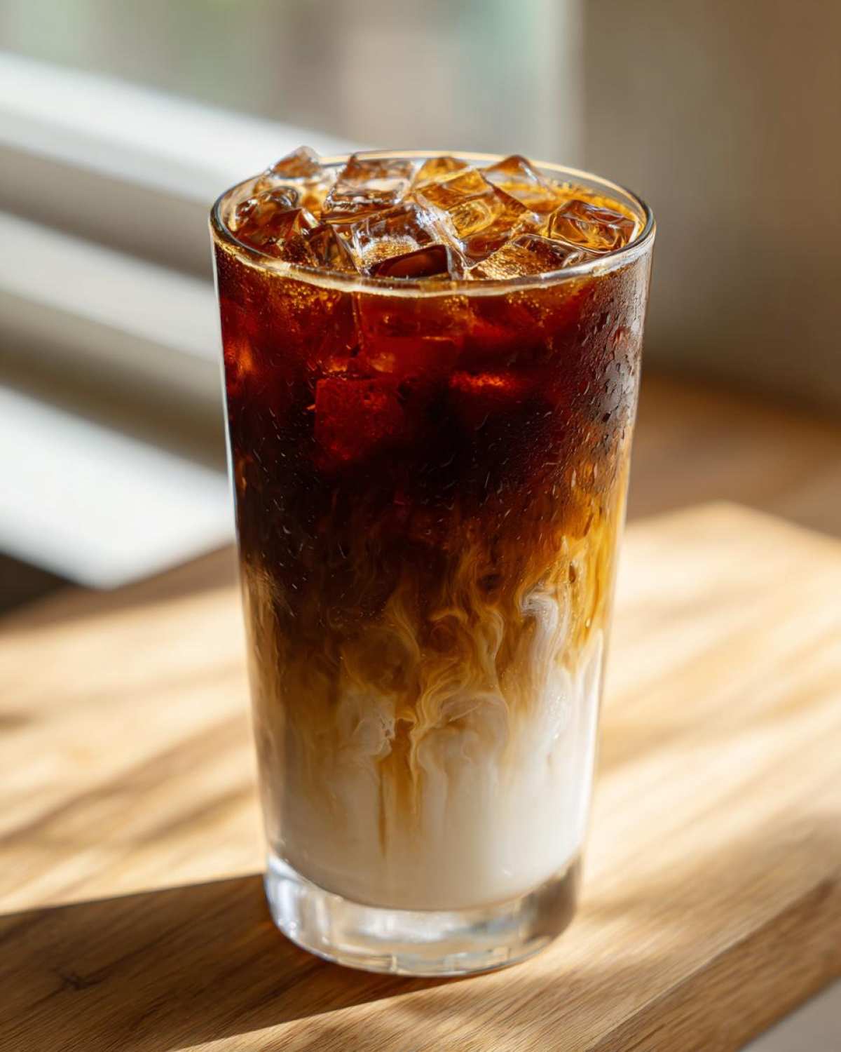 A tall glass filled with an Iced Honey Almond Milk Latte showing layers of dark coffee and swirling white almond milk over ice.