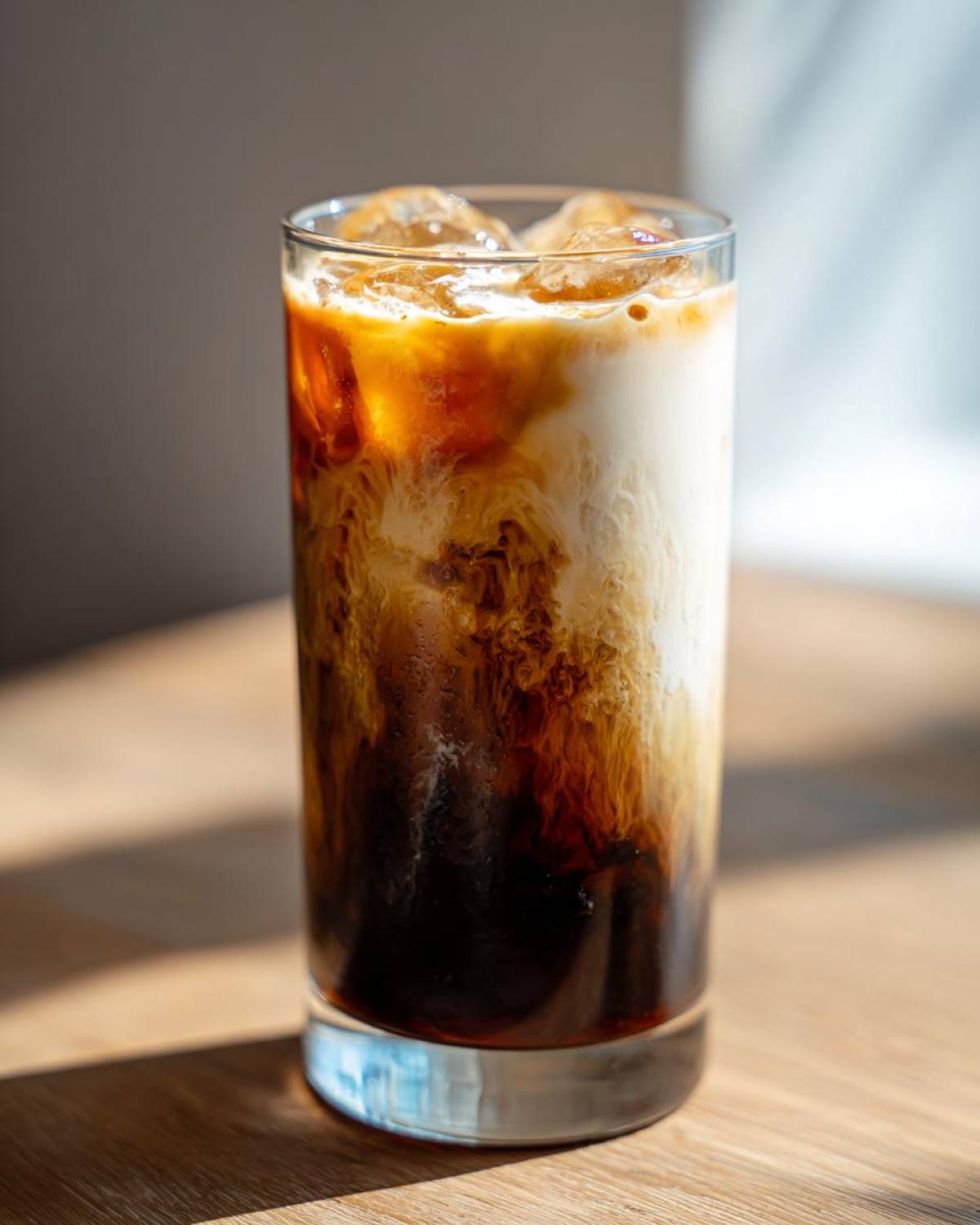Close-up of an Iced Honey Almond Milk Latte showing espresso swirling into the almond milk and ice.