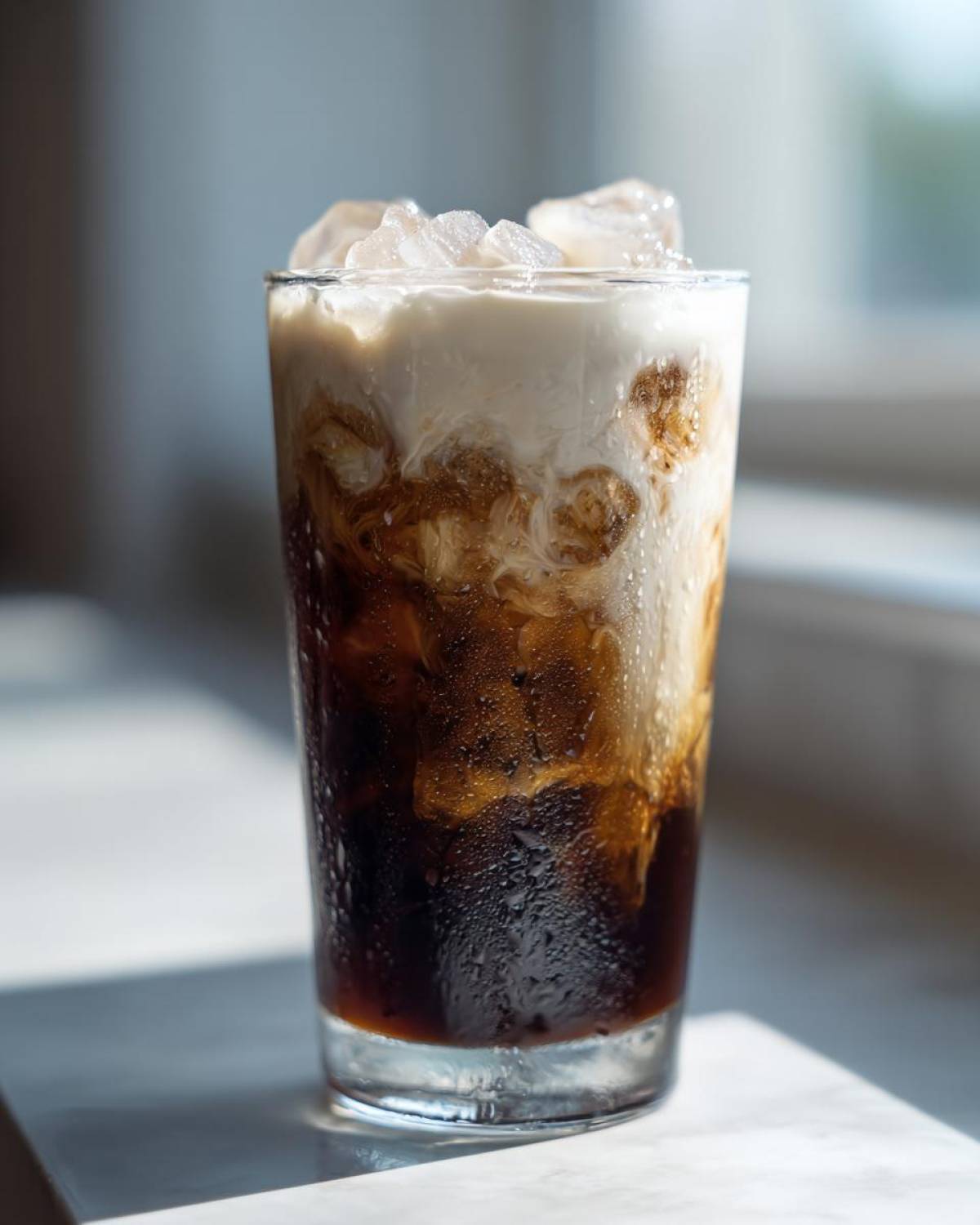 Close-up of a tall glass containing an Iced Lavender Latte with dark coffee mixing with white cream and ice cubes.