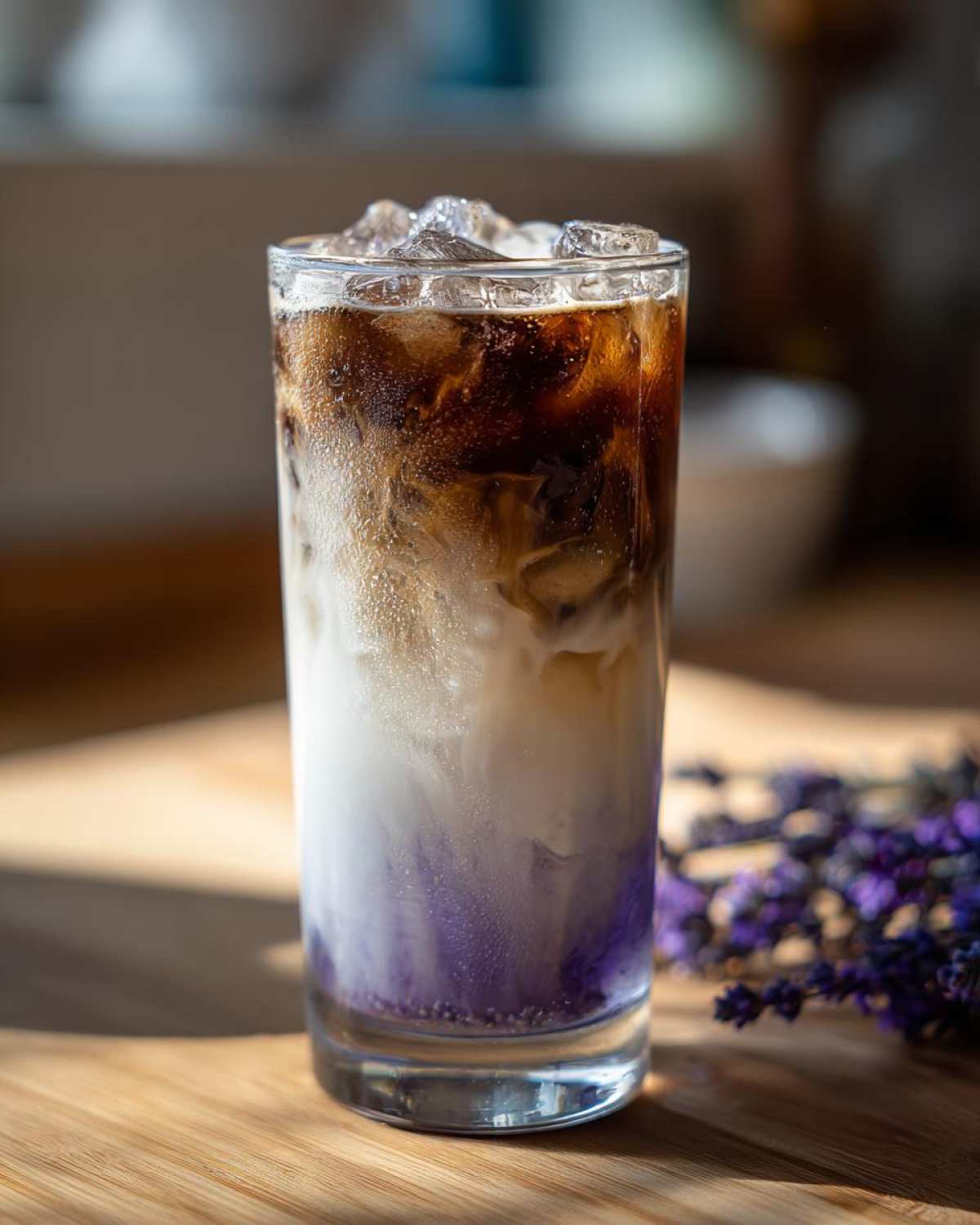 A tall glass showing the beautiful layers of an Iced Lavender Latte with purple syrup, milk, and dark espresso on top.