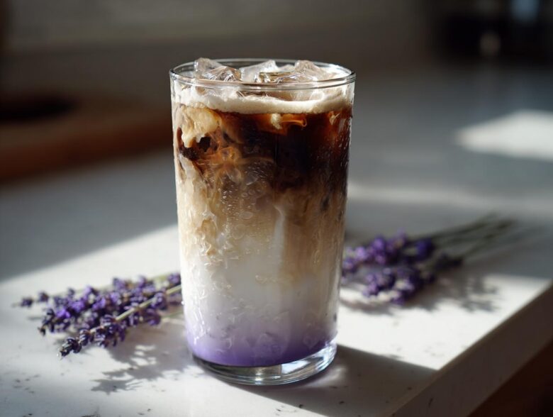 A tall glass of Iced Lavender Latte showing distinct layers of purple syrup, milk, and dark espresso, garnished with ice.