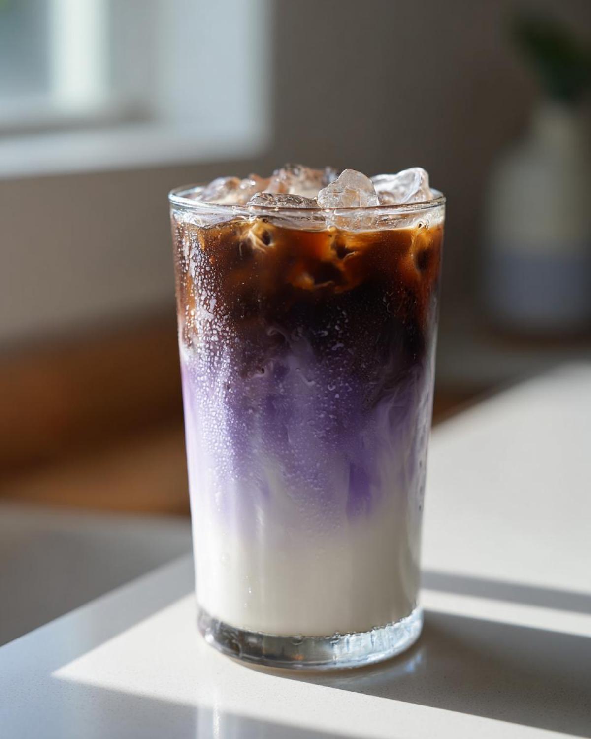 A tall glass showing the beautiful layered colors of an Iced Lavender Latte with ice cubes on top.