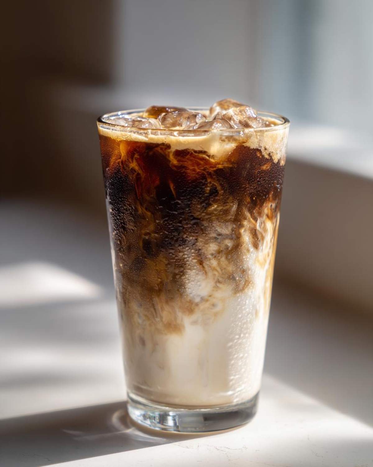A tall glass filled with an Iced Lavender Latte showing rich espresso swirling into cold milk and ice cubes.