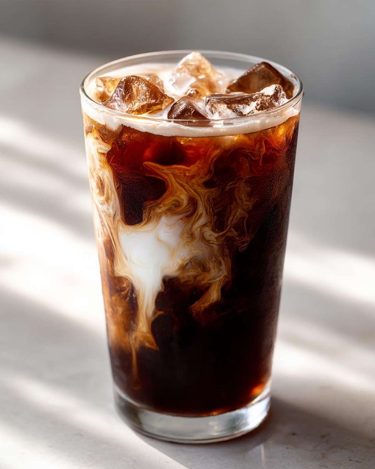Close-up of a tall glass filled with an Iced Mocha, showing rich dark coffee swirling beautifully with white cream over ice.