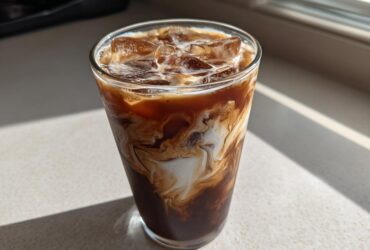 Close-up of a tall glass of Iced Mocha with ice cubes and cream swirling into the dark coffee.