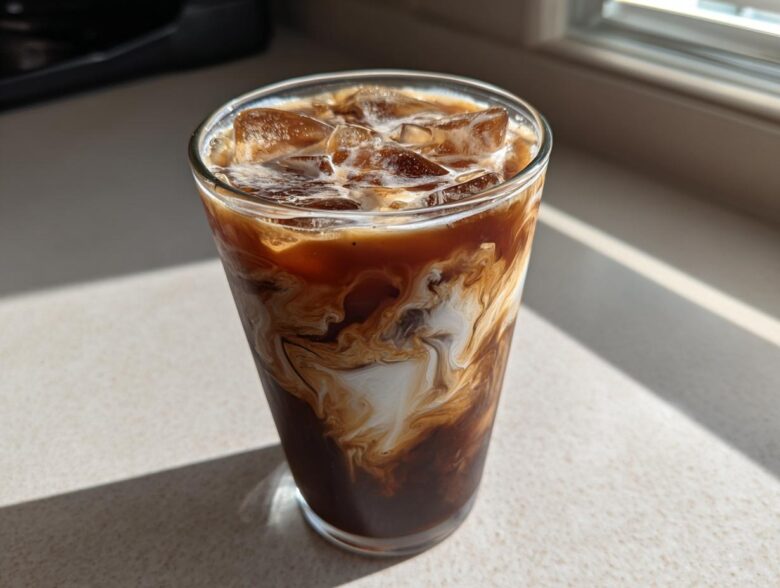 Close-up of a tall glass of Iced Mocha with ice cubes and cream swirling into the dark coffee.