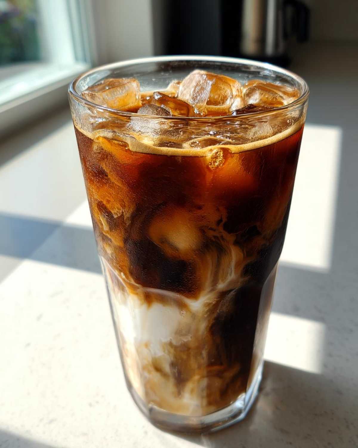Close-up of a tall glass filled with an Iced Mocha showing rich dark coffee swirling into white milk over ice cubes.