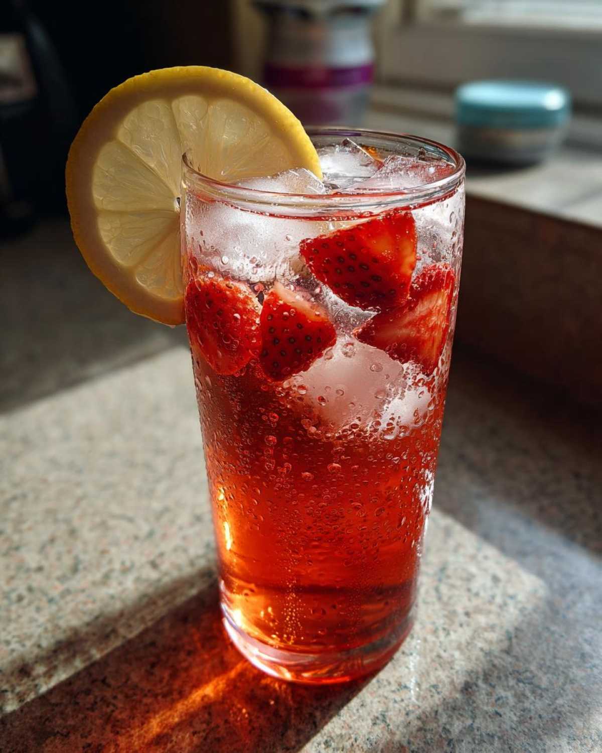Close-up of a tall glass filled with Iced Strawberry Lemon Tea, ice cubes, sliced strawberries, and a lemon wheel garnish.