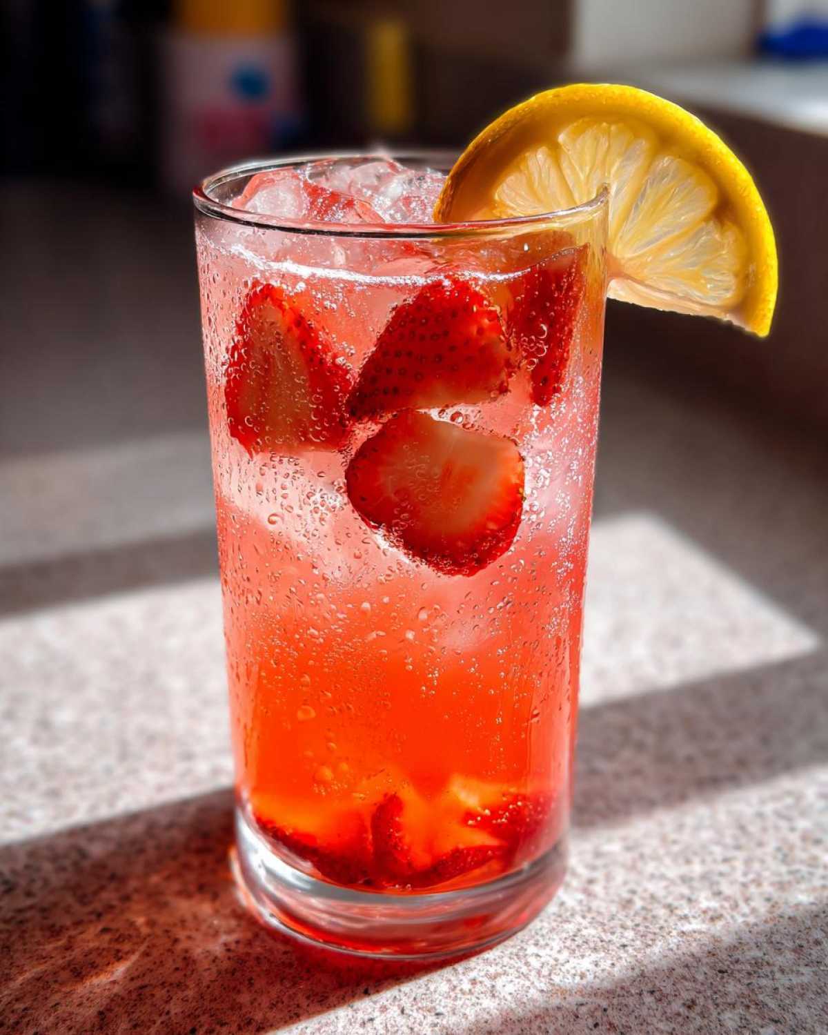 A tall glass filled with vibrant red Iced Strawberry Lemon Tea, ice, sliced strawberries, and a lemon wedge garnish.