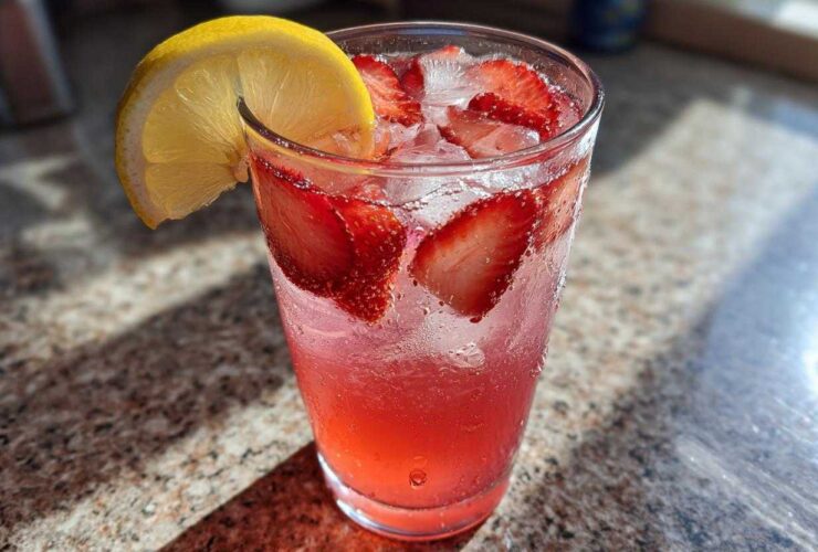 Close-up of a tall glass filled with Iced Strawberry Lemon Tea, ice, sliced strawberries, and a lemon wedge garnish.