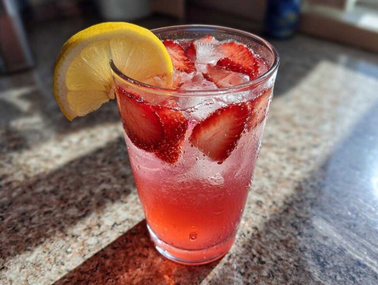 Close-up of a tall glass filled with Iced Strawberry Lemon Tea, ice, sliced strawberries, and a lemon wedge garnish.
