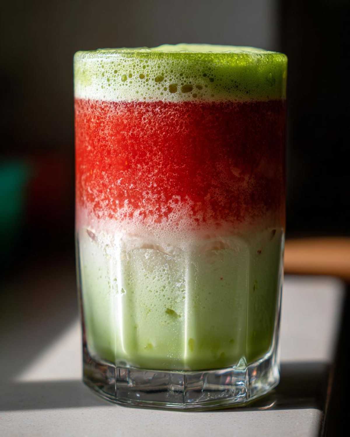 Close-up of a vibrant, layered Iced Strawberry Matcha Latte showing distinct layers of green matcha, red strawberry puree, and foam.