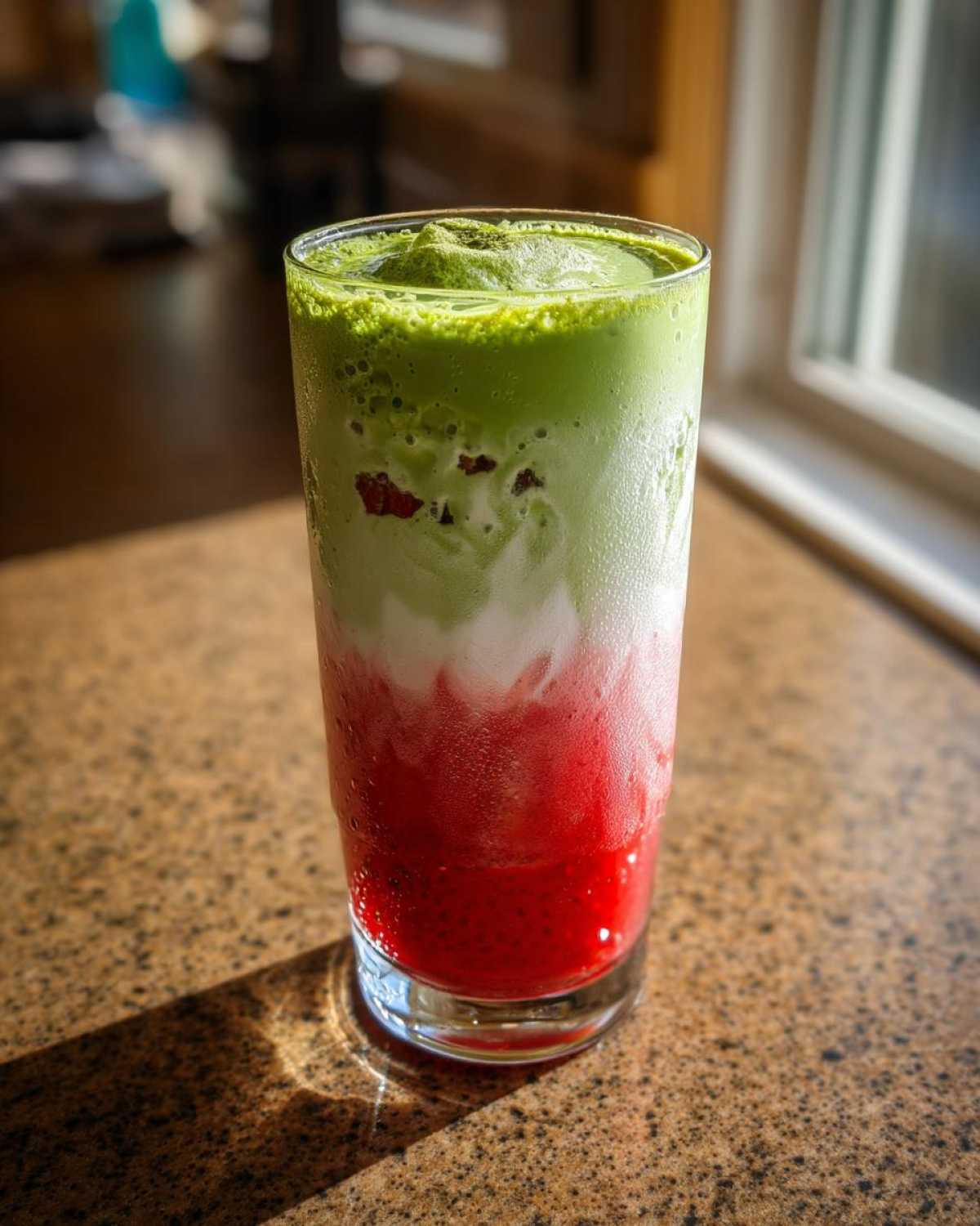 A tall glass showcasing a vibrant, layered Iced Strawberry Matcha Latte with bright red strawberry puree, white milk, and green matcha foam.