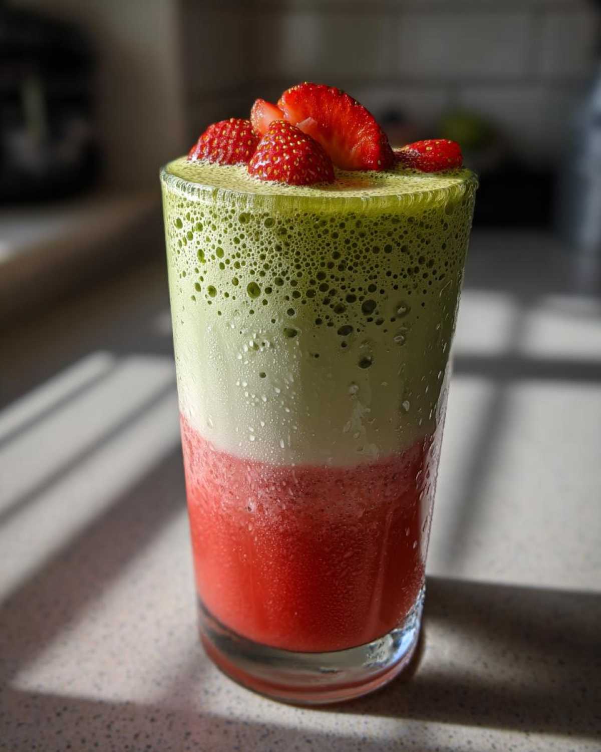 A tall glass showing a layered Iced Strawberry Matcha Latte with red strawberry puree, white milk, and foamy green matcha, topped with sliced strawberries.