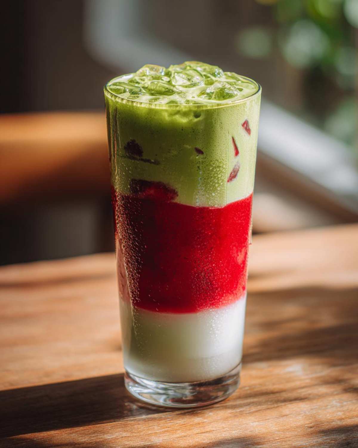 A tall glass showing the distinct layers of an Iced Strawberry Matcha Latte: milk, strawberry puree, and matcha on top with ice.
