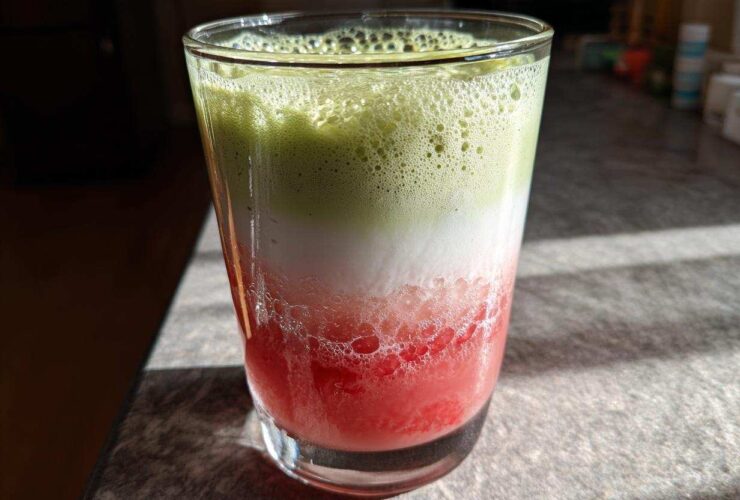 A vibrant, layered Iced Strawberry Matcha Latte showing red strawberry puree, white milk, and green matcha foam.