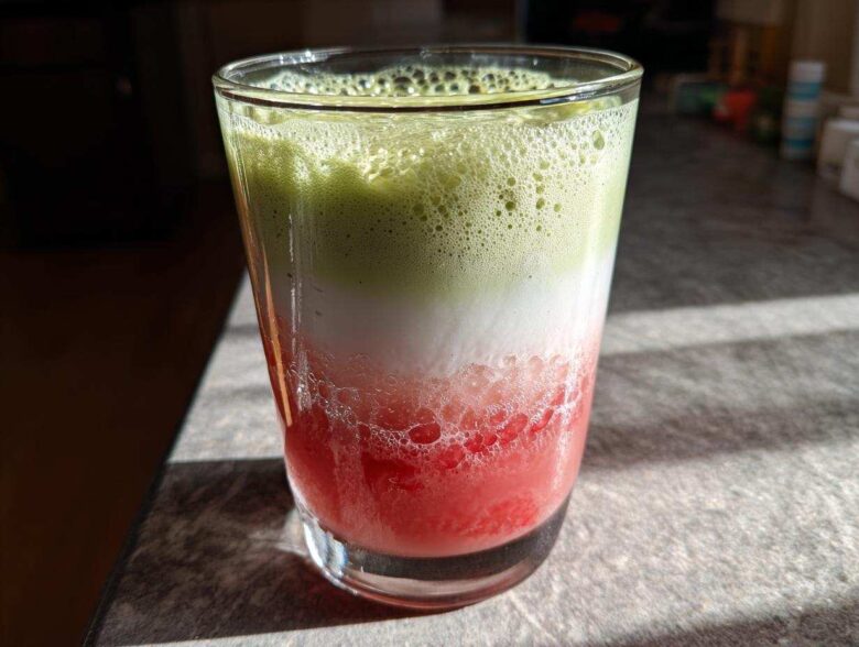 A vibrant, layered Iced Strawberry Matcha Latte showing red strawberry puree, white milk, and green matcha foam.