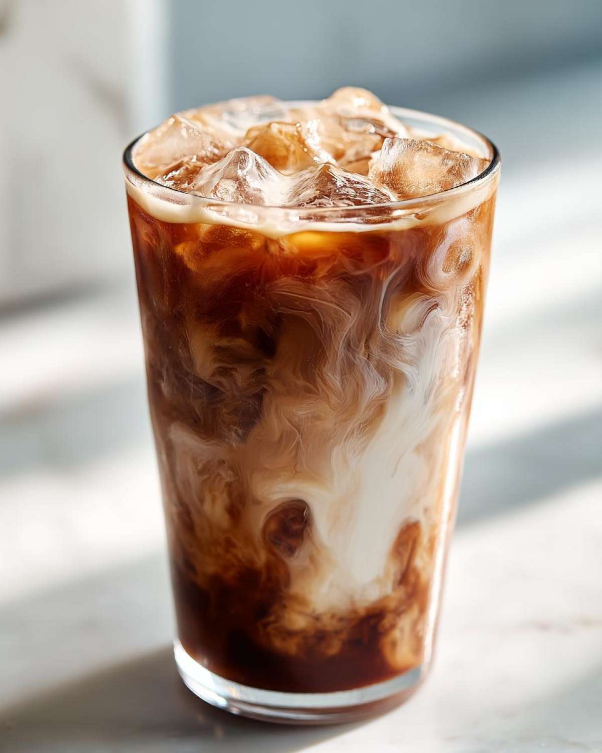 Close-up of a tall glass filled with an Iced Vanilla Chai Latte showing rich swirls of dark chai concentrate and white milk over ice.