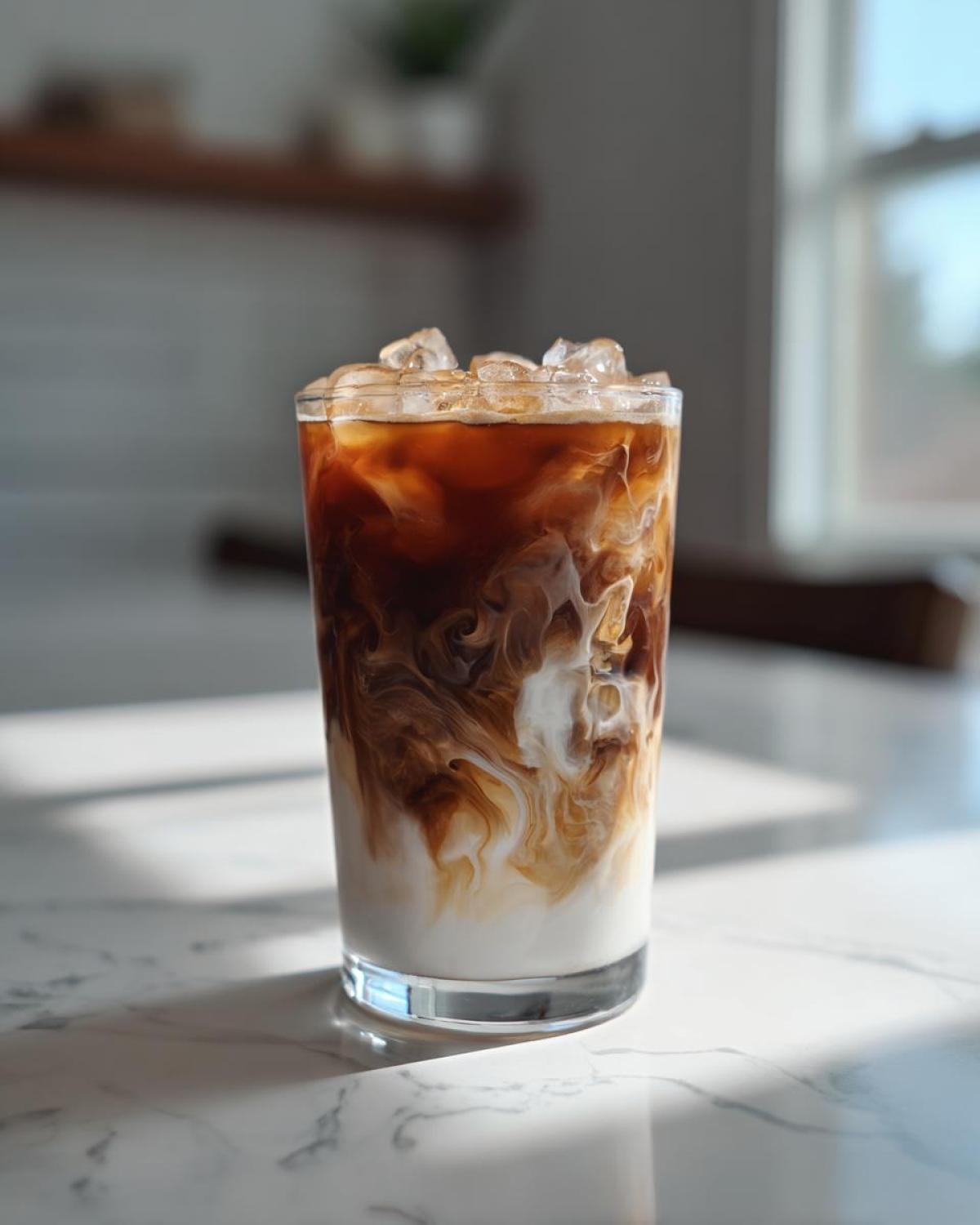 A tall glass of Iced Vanilla Chai Latte showing rich swirls of dark chai and white milk over ice.
