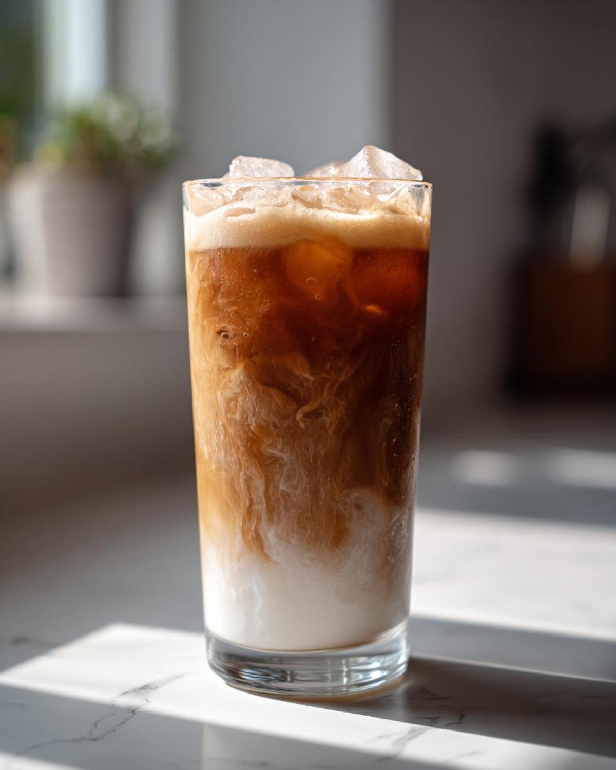A tall glass of Iced Vanilla Chai Latte showing rich brown chai mixing with white milk over ice cubes.