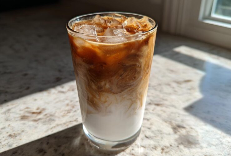 A tall glass of Iced Vanilla Chai Latte showing rich brown chai swirling into white milk over ice cubes.
