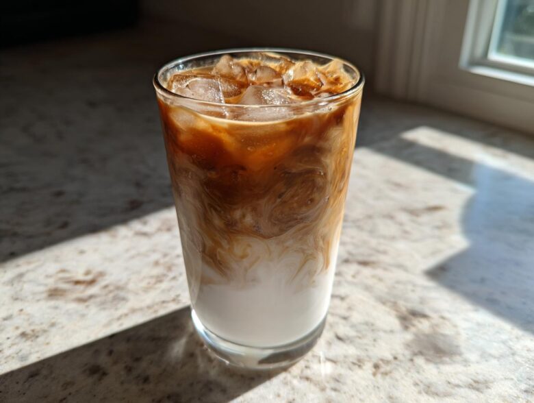 A tall glass of Iced Vanilla Chai Latte showing rich brown chai swirling into white milk over ice cubes.