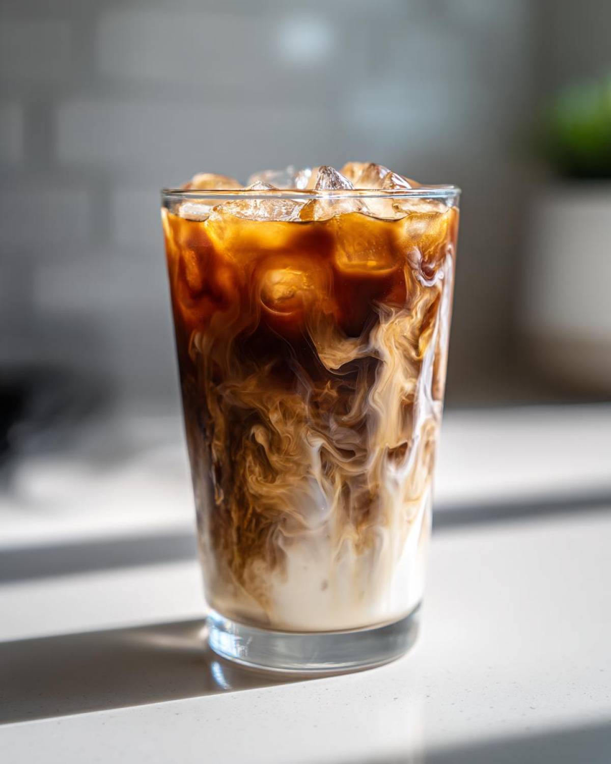 Close-up of an Iced Vanilla Chai Latte showing rich swirls of dark chai mixing with white milk over ice cubes.