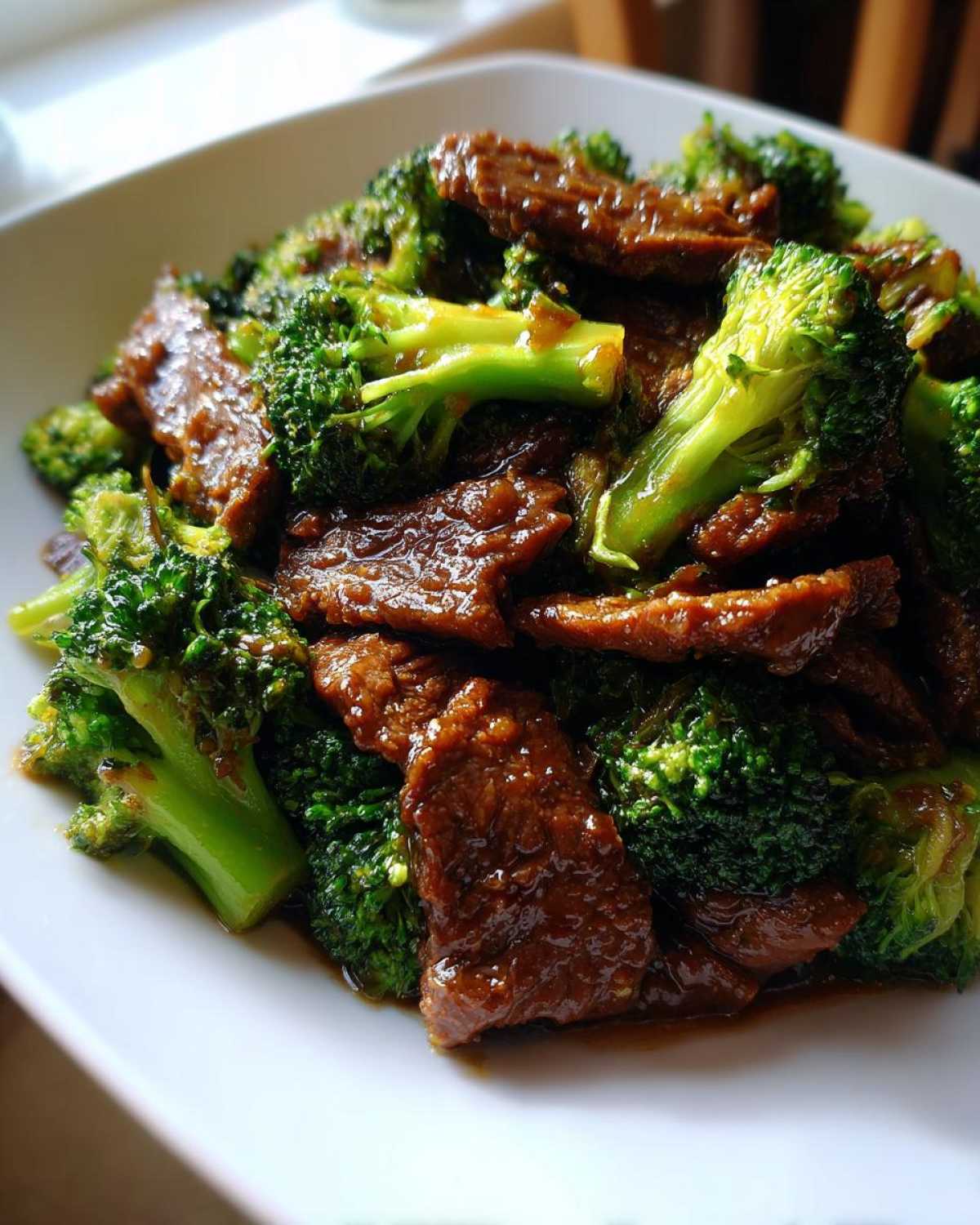 A close-up serving of glossy Instant Pot Beef and Broccoli, featuring tender beef slices coated in sauce and bright green florets.