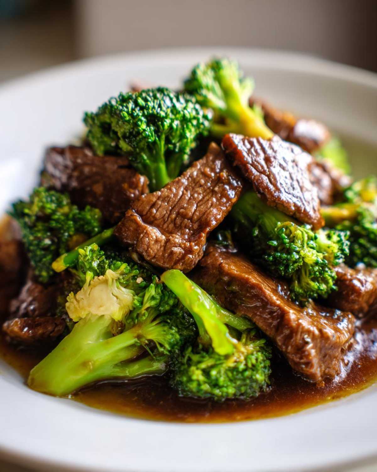 Close-up of tender beef slices mixed with bright green broccoli florets coated in a rich brown sauce for Instant Pot Beef and Broccoli.