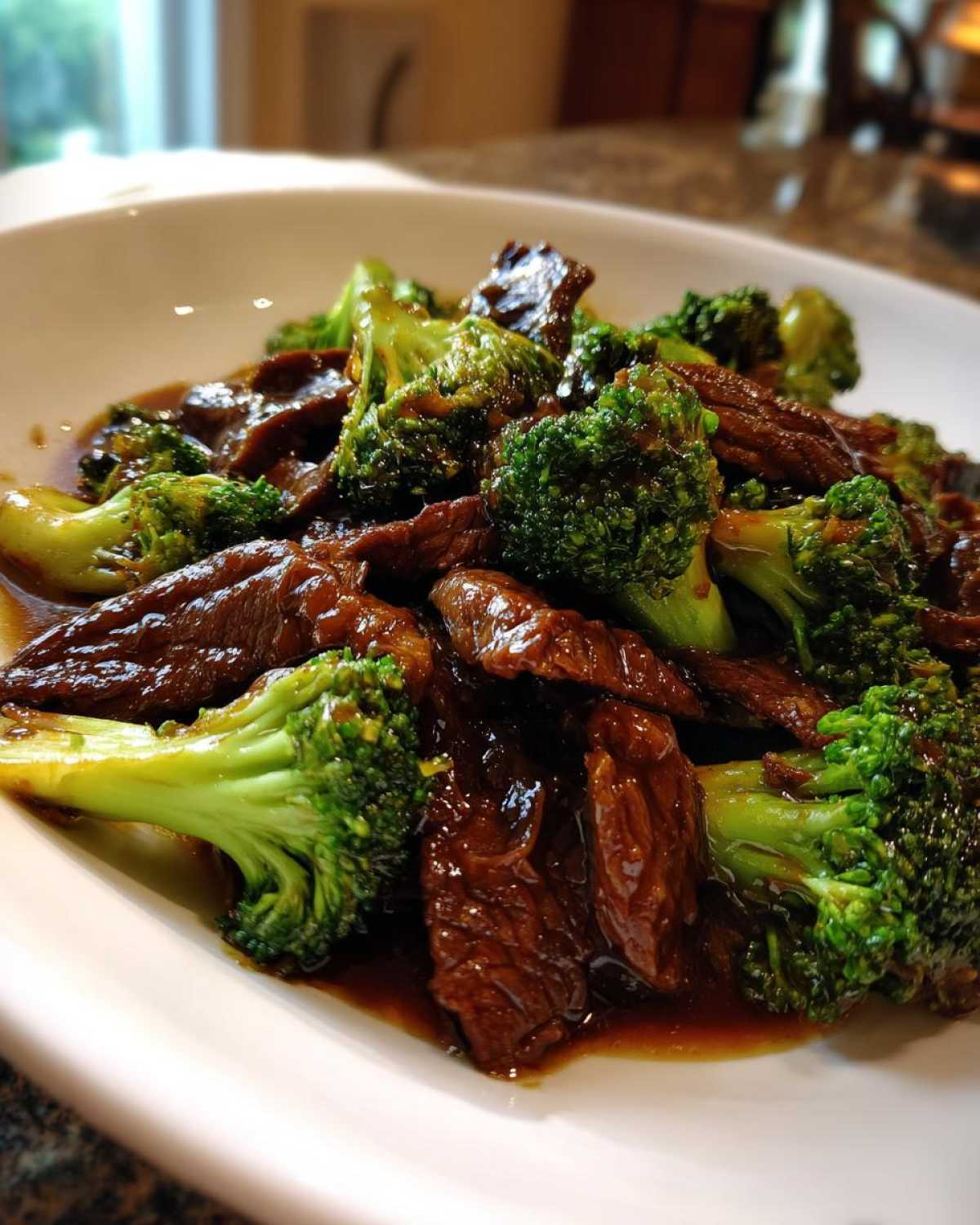 Close-up of tender slices of beef and bright green broccoli florets coated in savory sauce from Instant Pot Beef and Broccoli.