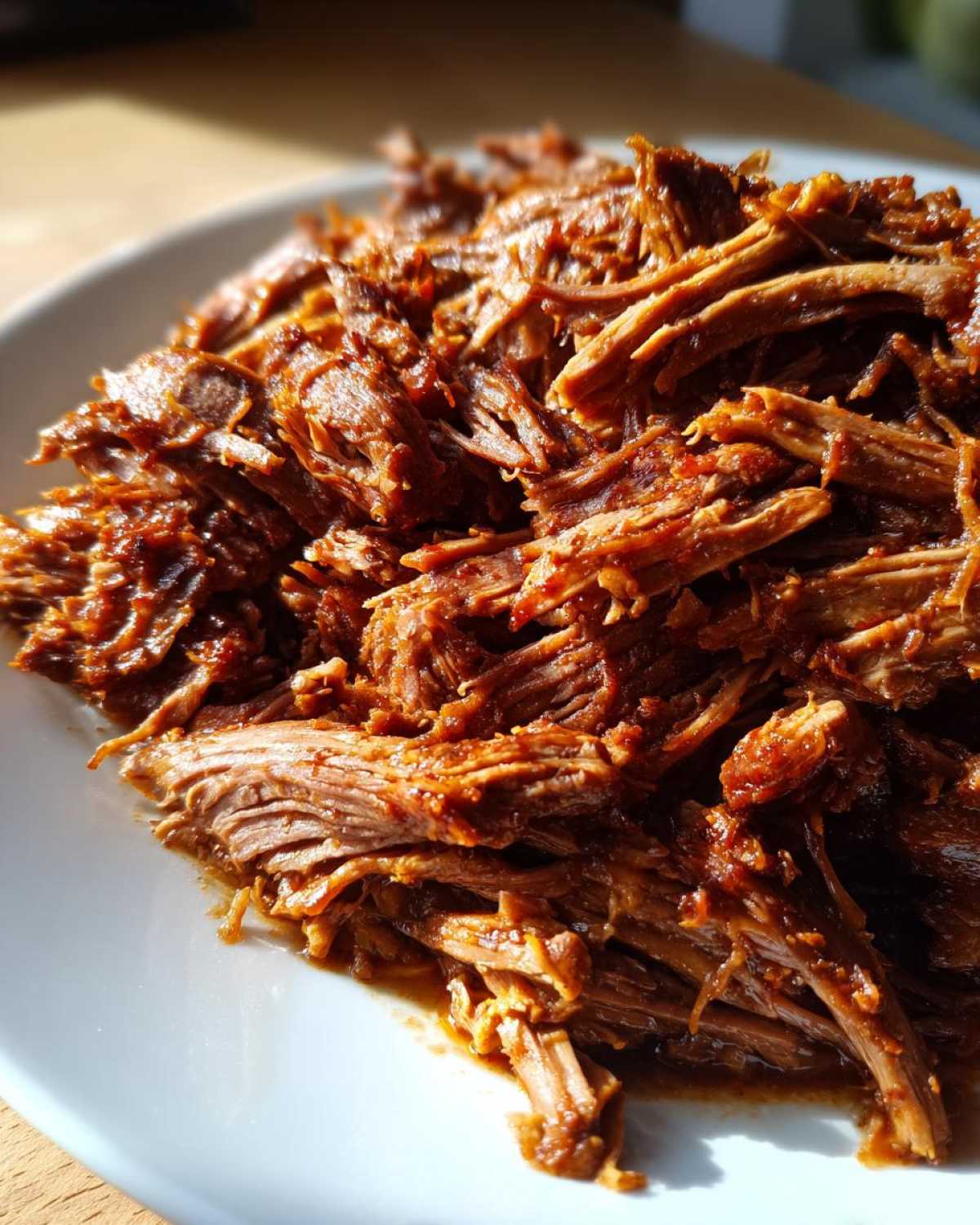 Close-up of richly seasoned, shredded Instant Pot Beef Barbacoa piled on a white plate.