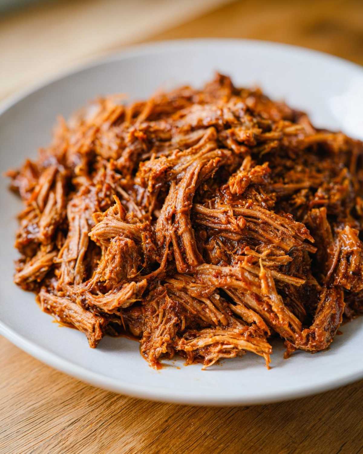 Close-up of richly seasoned, shredded Instant Pot Beef Barbacoa piled high on a white plate.
