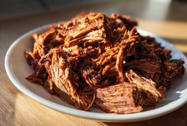 A mound of richly seasoned, shredded Instant Pot Beef Barbacoa piled high on a white plate.