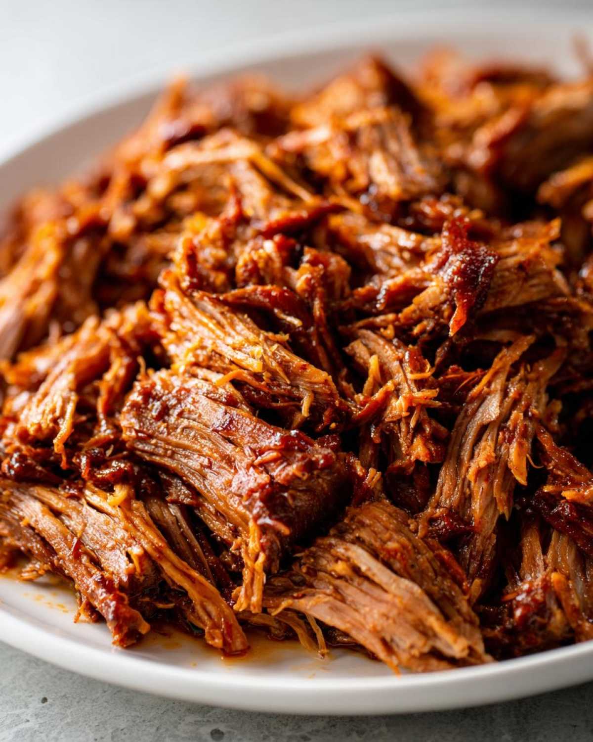 Close-up of tender, shredded Instant Pot Beef Barbacoa coated in rich, dark sauce on a white plate.