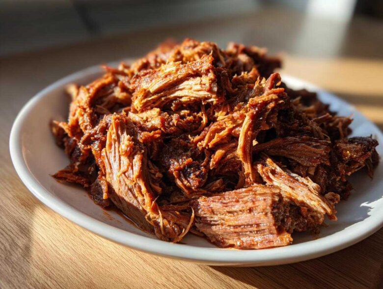 A mound of richly seasoned, shredded Instant Pot Beef Barbacoa piled high on a white plate.