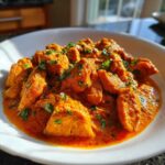Close-up of rich, orange Instant Pot Butter Chicken pieces garnished with fresh cilantro in a white bowl.