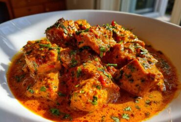 Close-up of tender chicken pieces coated in a rich, orange sauce, garnished with fresh cilantro, ready to eat Instant Pot Butter Chicken.