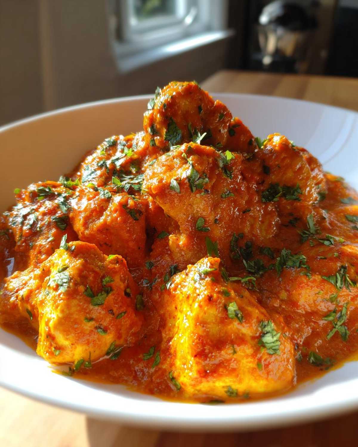 Close-up of tender chicken pieces coated in rich, orange sauce, garnished with cilantro for Instant Pot Butter Chicken.