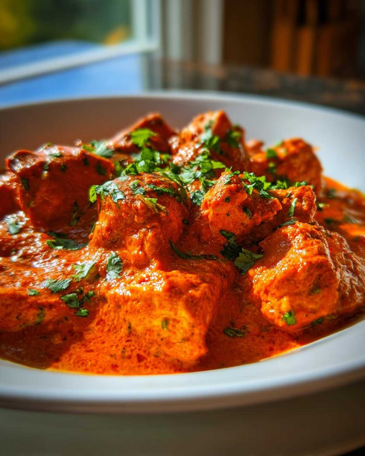 Close-up of rich, creamy Instant Pot Butter Chicken pieces garnished with fresh cilantro.