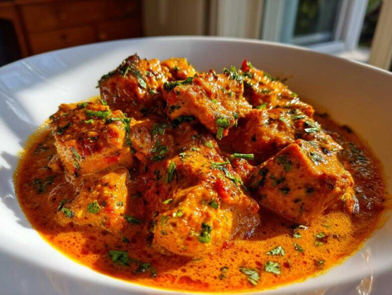 Close-up of tender chicken pieces coated in a rich, orange sauce, garnished with fresh cilantro, ready to eat Instant Pot Butter Chicken.