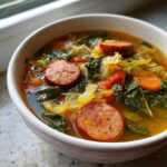 Close-up of a white bowl filled with Instant Pot Cabbage and Sausage Soup, featuring sliced sausage, cabbage, and kale.