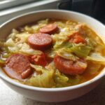 Close-up of a white bowl filled with Instant Pot Cabbage and Sausage Soup, featuring large slices of sausage and tender cabbage.