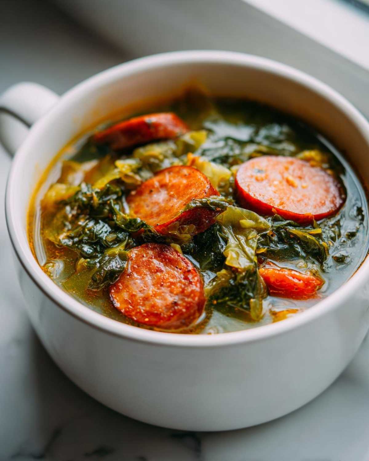 A close-up of a white bowl filled with steaming Instant Pot Cabbage and Sausage Soup, featuring dark green cabbage and browned sausage slices.