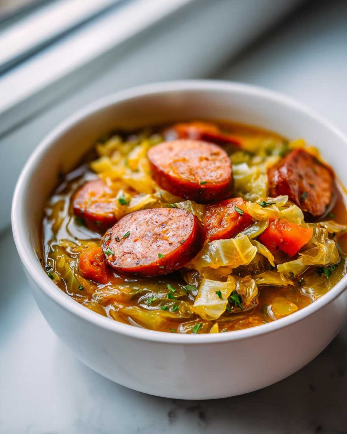 Close-up of a white bowl filled with Instant Pot Cabbage and Sausage Soup, topped with sliced sausage.