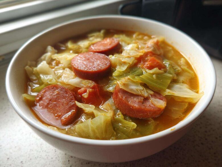 Close-up of a white bowl filled with Instant Pot Cabbage and Sausage Soup, featuring large slices of sausage and tender cabbage.