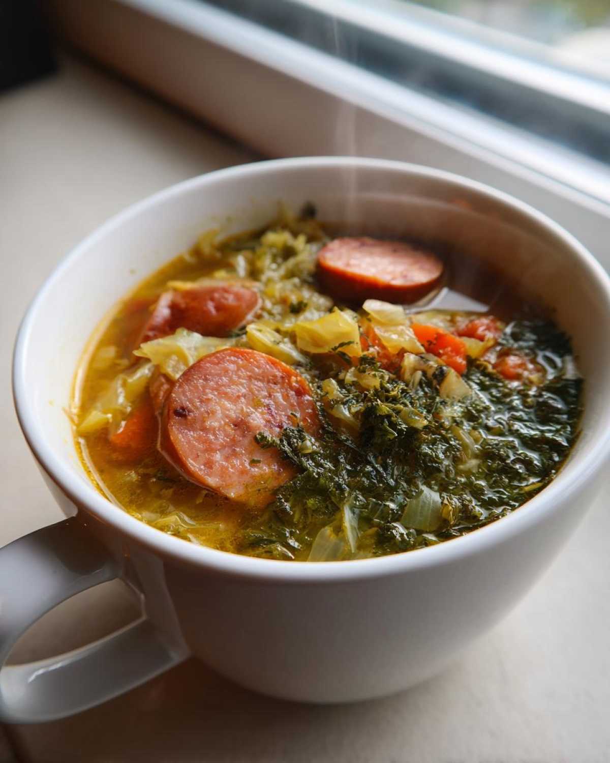 Close-up of hot Instant Pot Cabbage and Sausage Soup with sliced sausage and greens in a white mug.