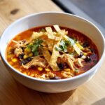A close-up of Instant Pot Chicken Tortilla Soup topped with crispy tortilla strips, corn, black beans, and cilantro.