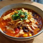 A close-up of a bowl of vibrant Instant Pot Chicken Tortilla Soup, topped with shredded chicken, black beans, corn, tortilla strips, and cilantro.
