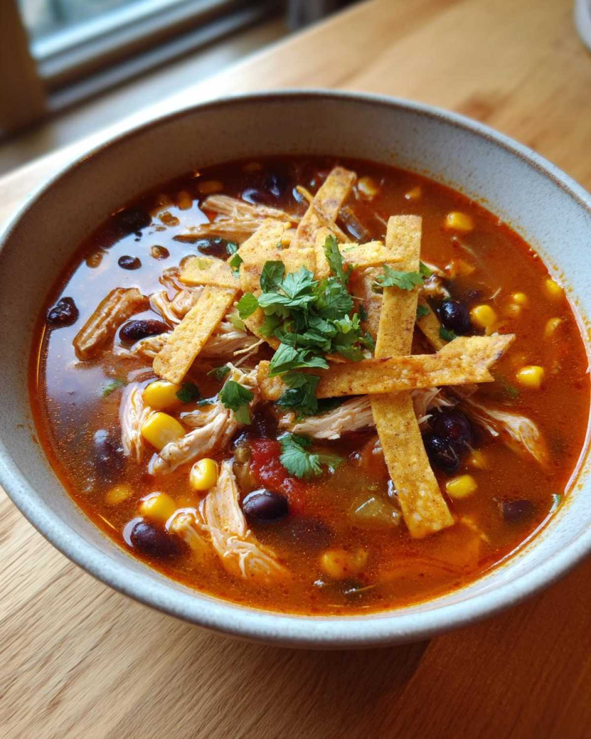 Close-up of a bowl of rich, red Instant Pot Chicken Tortilla Soup topped with shredded chicken, black beans, corn, tortilla strips, and cilantro.