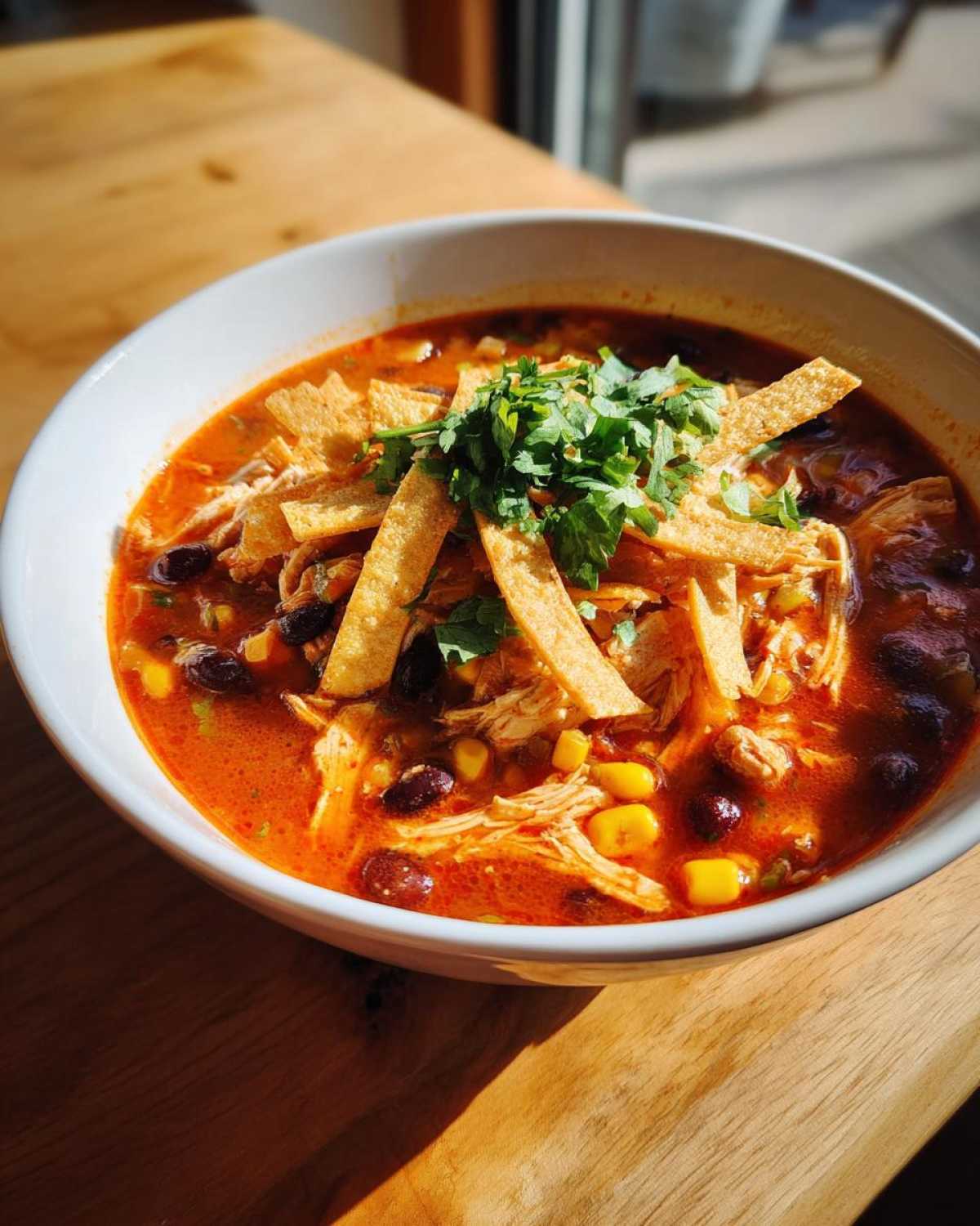 A close-up of a white bowl filled with rich, red Instant Pot Chicken Tortilla Soup, topped with shredded chicken, corn, black beans, tortilla strips, and cilantro.
